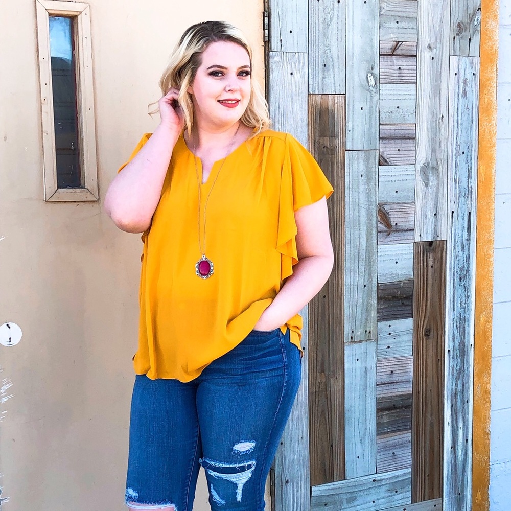 Umgee Mustard Flutter Sleeve Plus Size Top